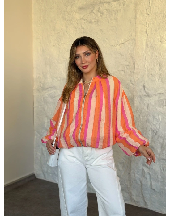 Marka model renkli çizgili fermuarlı bluz ceket