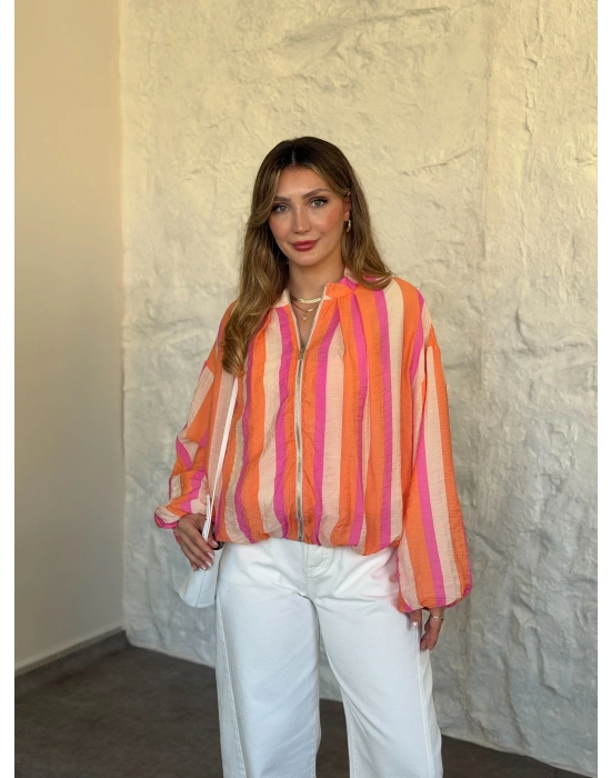 Marka model renkli çizgili fermuarlı bluz ceket