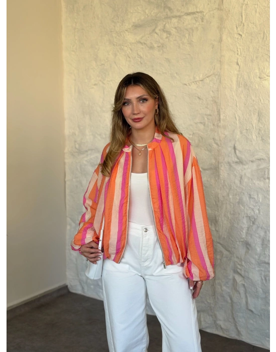 Marka model renkli çizgili fermuarlı bluz ceket
