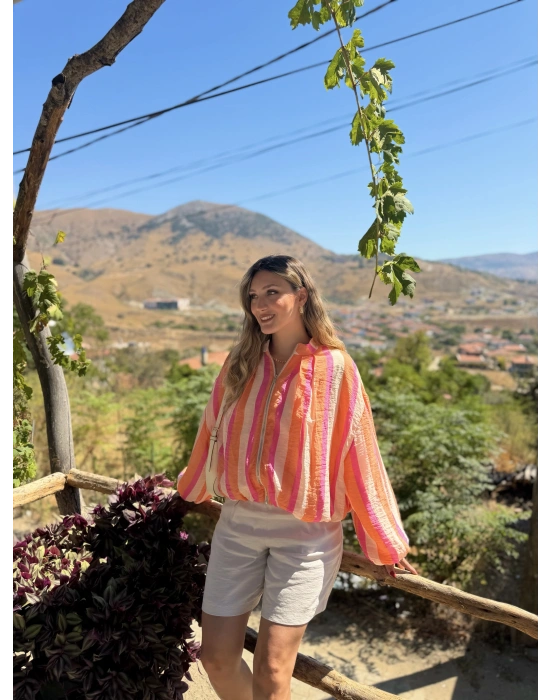 Marka model renkli çizgili fermuarlı bluz ceket