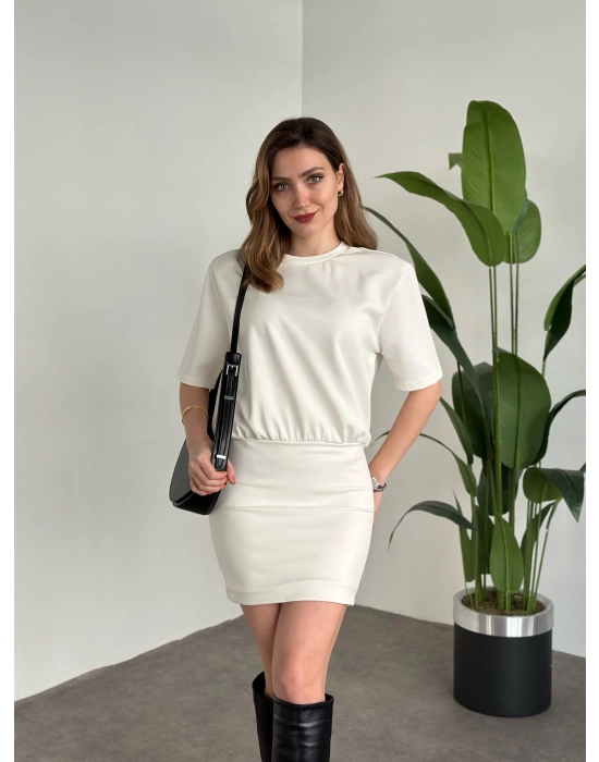 Marka Model Vatkalı İthal Sandy Kumaş Elbise Beyaz