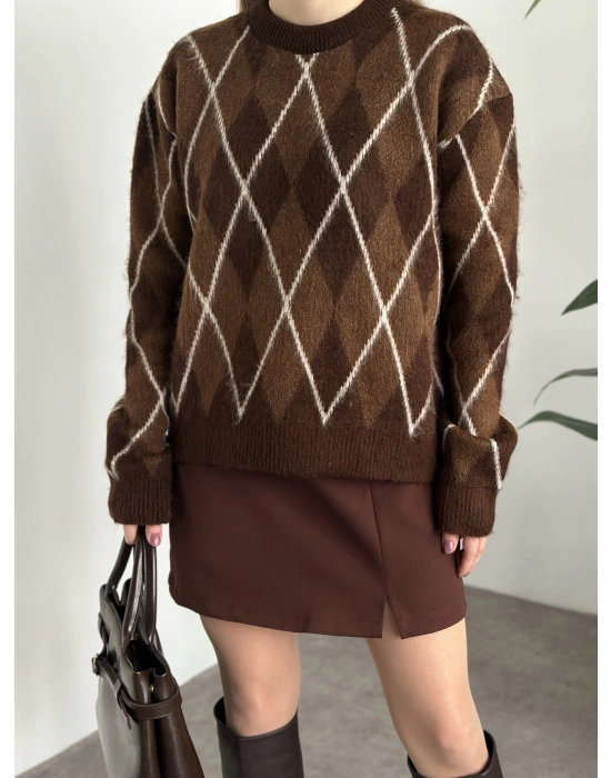 Massi bisiklet yaka baklava desenli yünlü kazak kahve