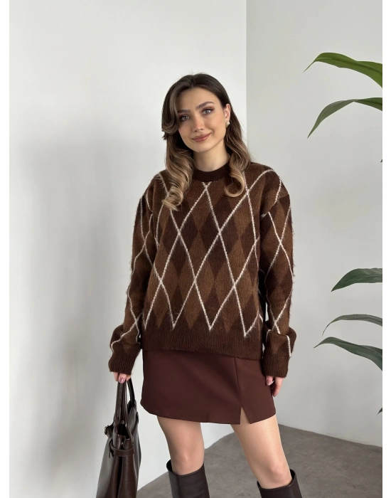 Massi bisiklet yaka baklava desenli yünlü kazak kahve