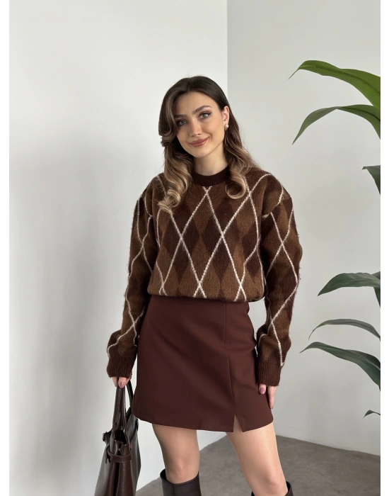 Massi bisiklet yaka baklava desenli yünlü kazak kahve