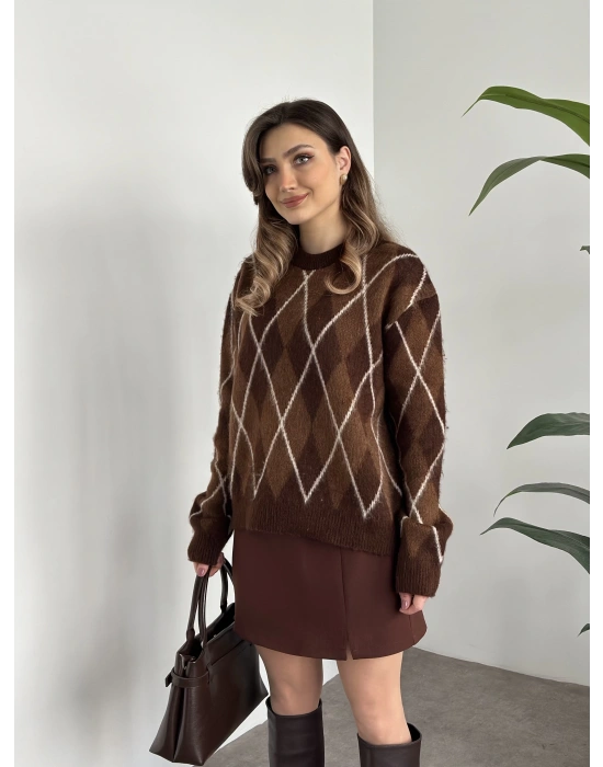 Massi bisiklet yaka baklava desenli yünlü kazak kahve