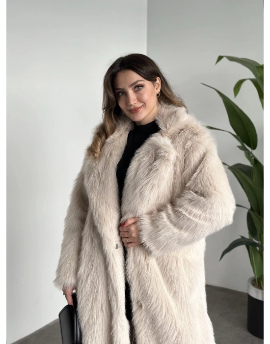 Maxi boy uzun lolita kürk kaban krem