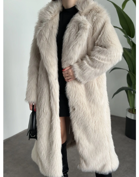 Maxi boy uzun lolita kürk kaban krem