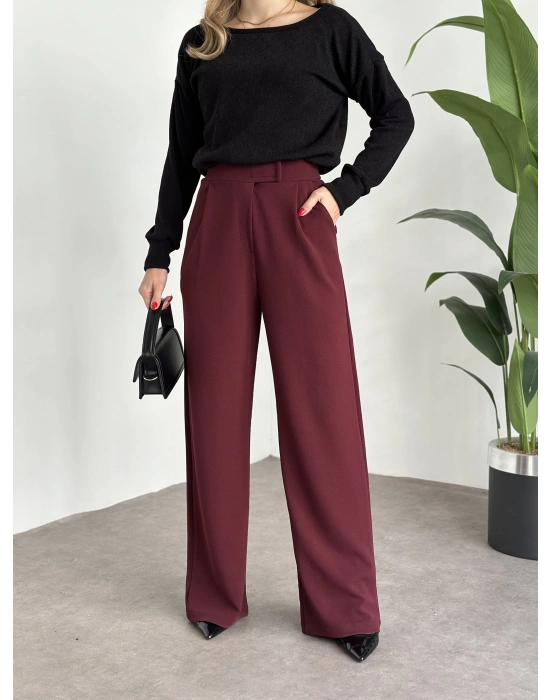 Meşhur Beli Cırt Cırtlı Bol Paça Pantolon bordo