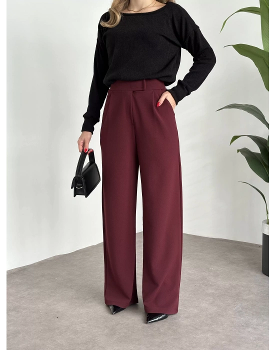 Meşhur Beli Cırt Cırtlı Bol Paça Pantolon bordo