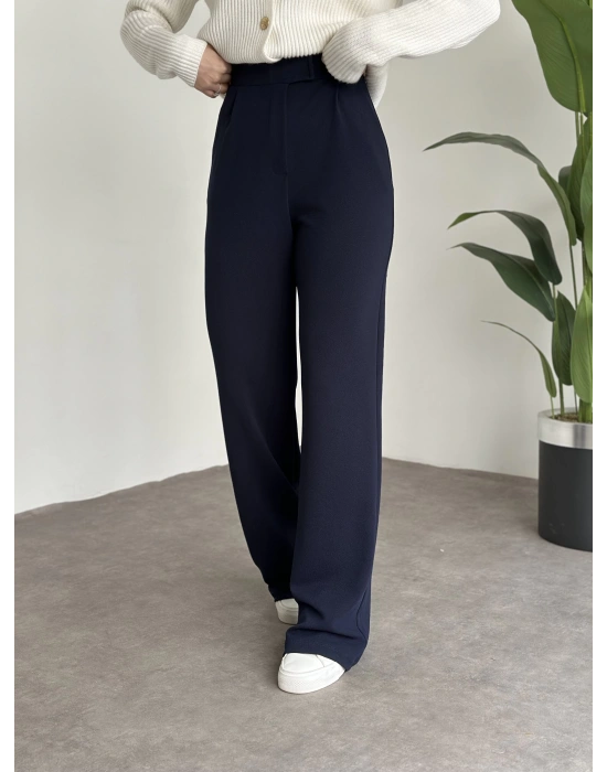 Meşhur Beli Cırt Cırtlı Bol Paça Pantolon Lacivert