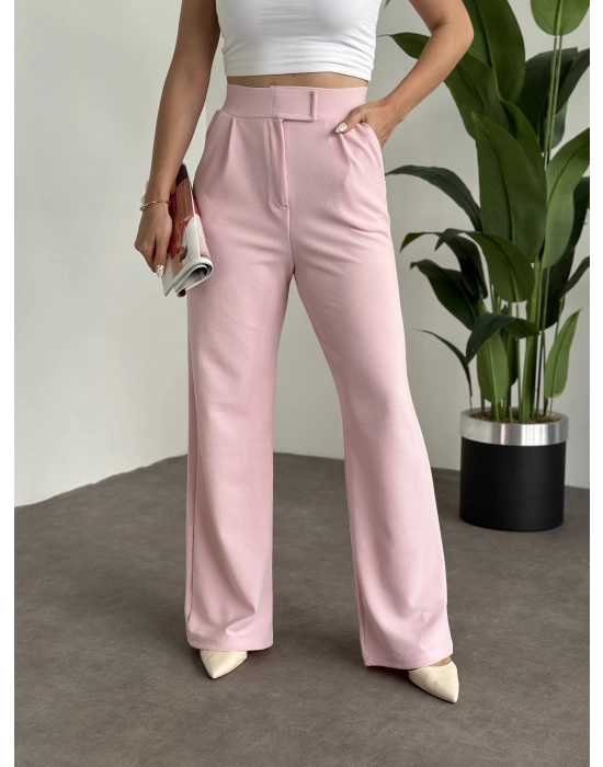 Meşhur Beli Cırt Cırtlı Bol Paça Pantolon Pembe