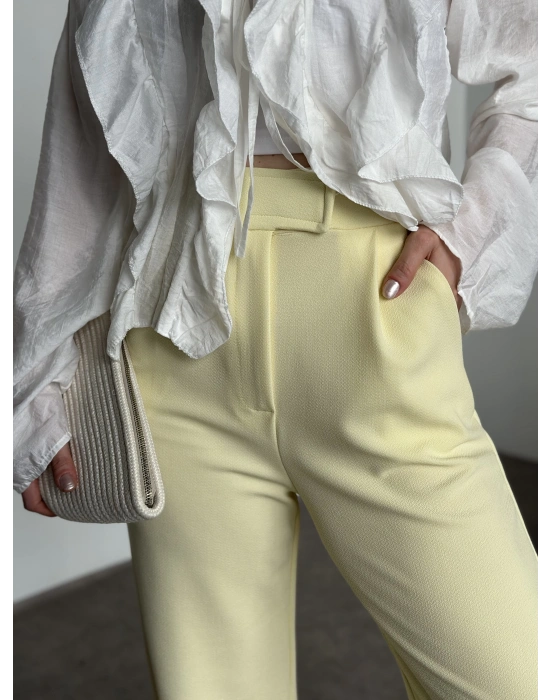 Meşhur Beli Cırt Cırtlı Bol Paça Pantolon sarı