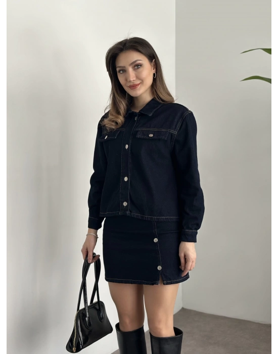 Mini etekli düğmeli denim takım