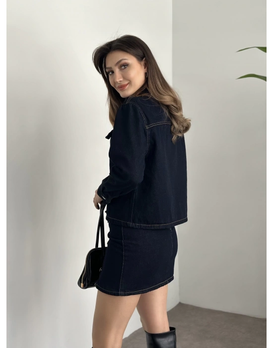 Mini etekli düğmeli denim takım
