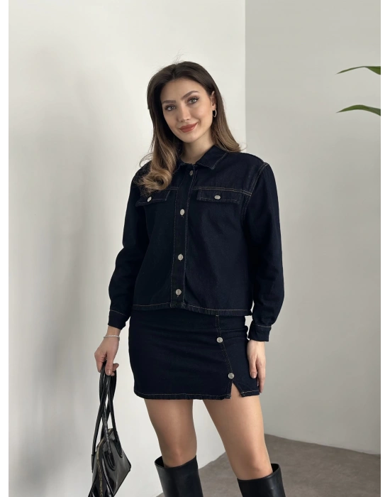 Mini etekli düğmeli denim takım