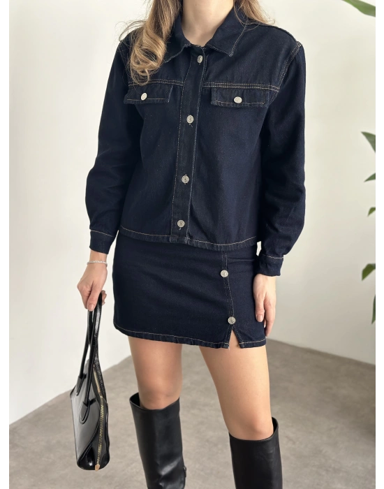 Mini etekli düğmeli denim takım