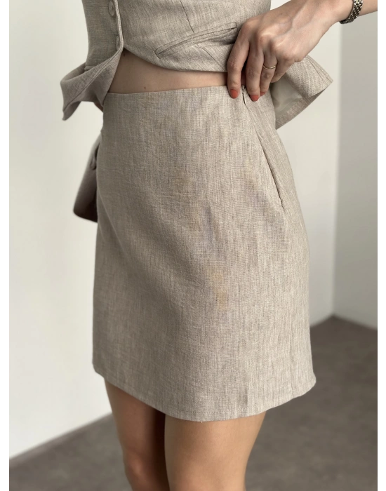 Mini etekli keten takım krem