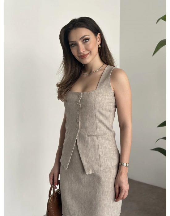 Mini etekli keten takım krem