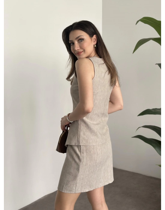 Mini etekli keten takım krem