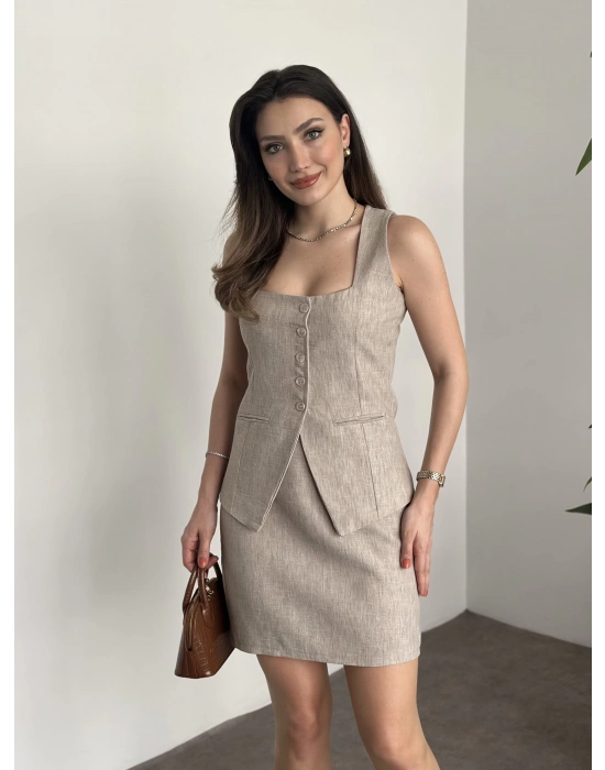 Mini etekli keten takım krem