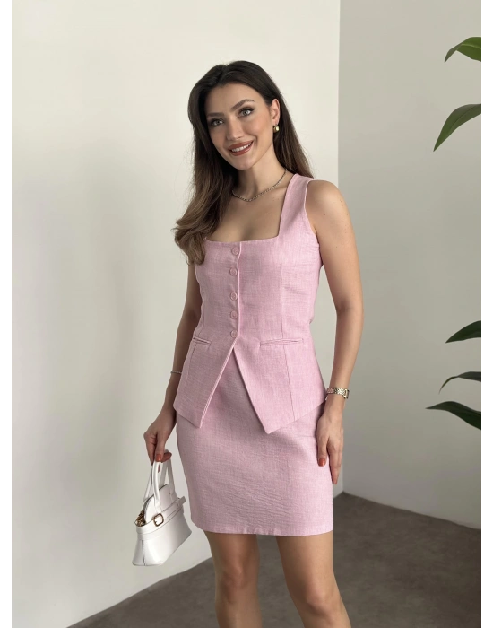 Mini etekli keten takım pembe