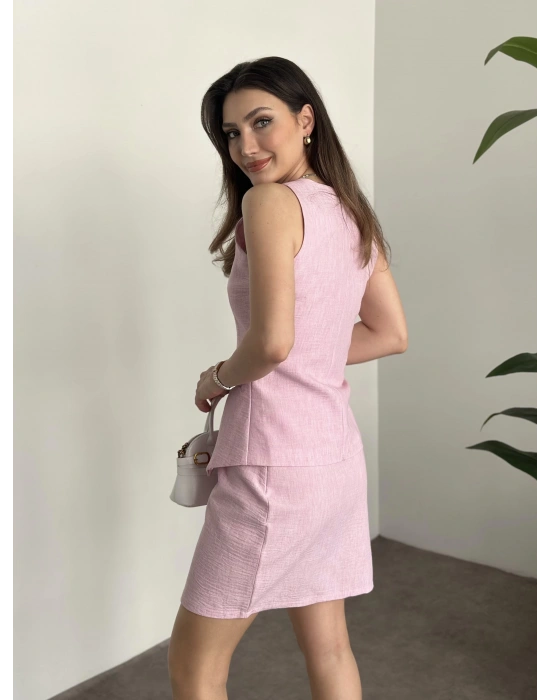 Mini etekli keten takım pembe