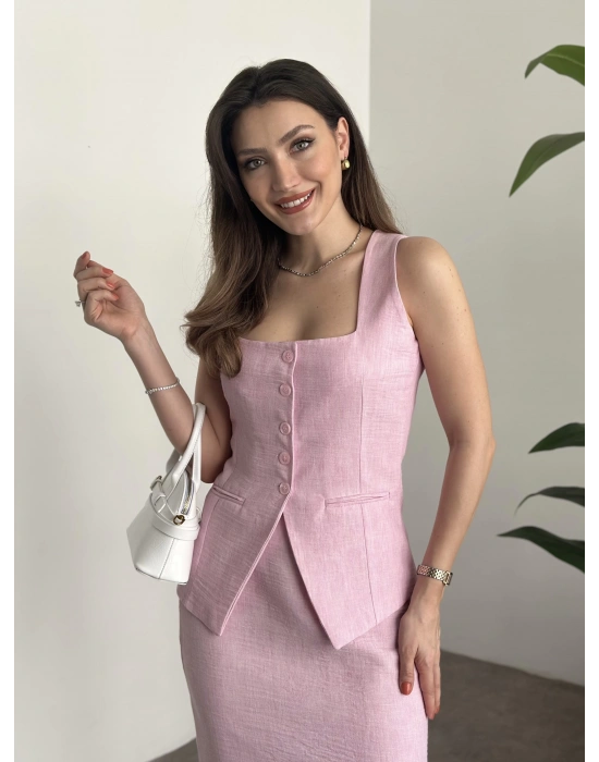 Mini etekli keten takım pembe