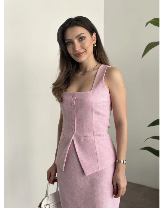 Mini etekli keten takım pembe