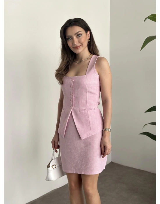 Mini etekli keten takım pembe