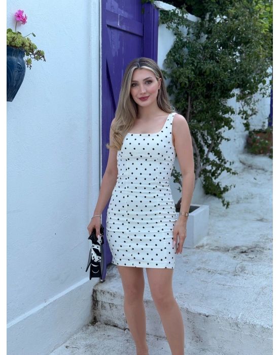 Mini kare yaka puantiyeli gabardin likralı elbise