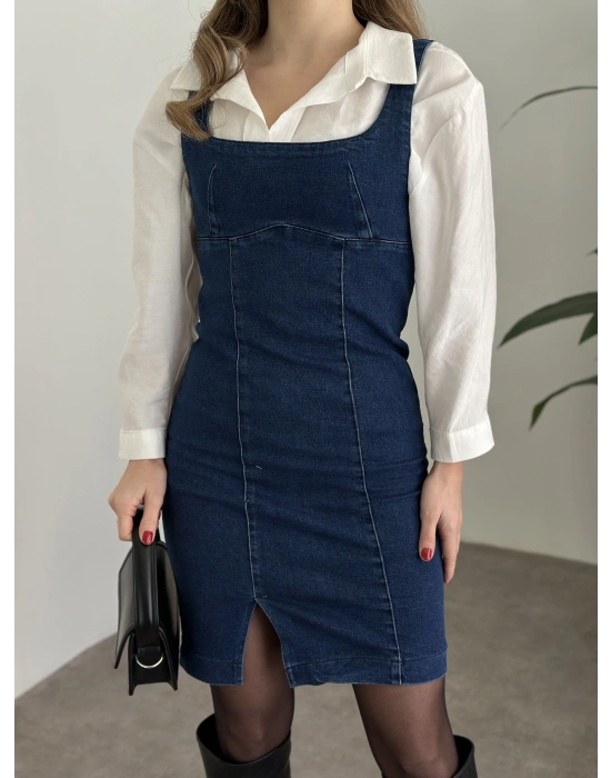 Mini yırtmaç detaylı denim elbise koyu