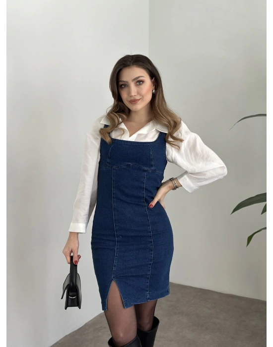 Mini yırtmaç detaylı denim elbise koyu