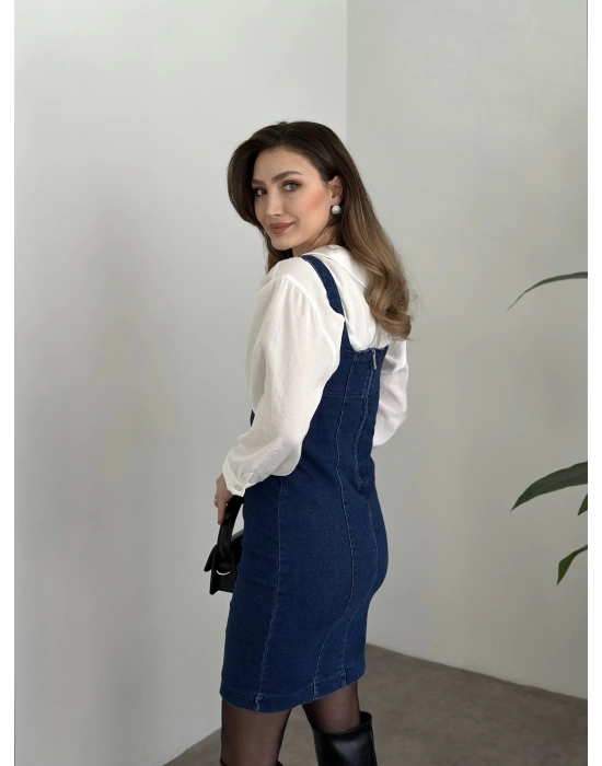 Mini yırtmaç detaylı denim elbise koyu