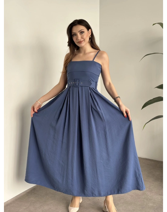 Mng marka etiketli belden kemerli uzun elbise indigo