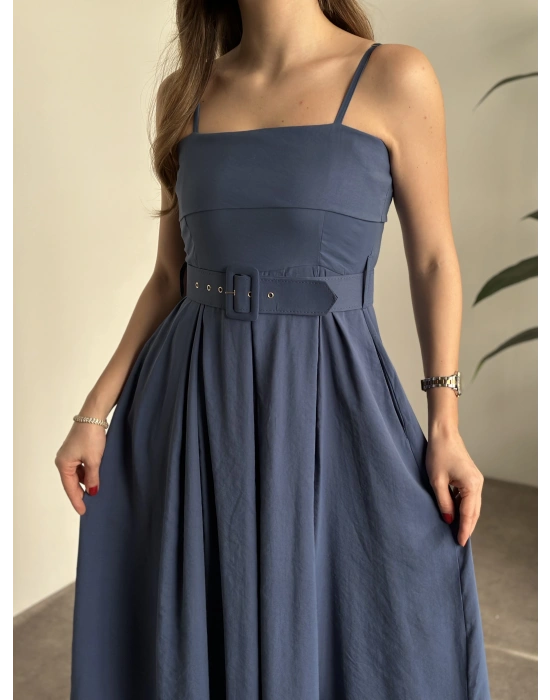 Mng marka etiketli belden kemerli uzun elbise indigo