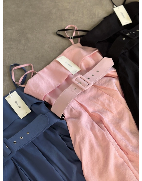 Mng marka etiketli belden kemerli uzun elbise indigo