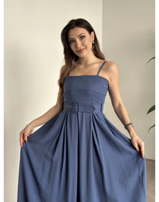 Mng marka etiketli belden kemerli uzun elbise indigo