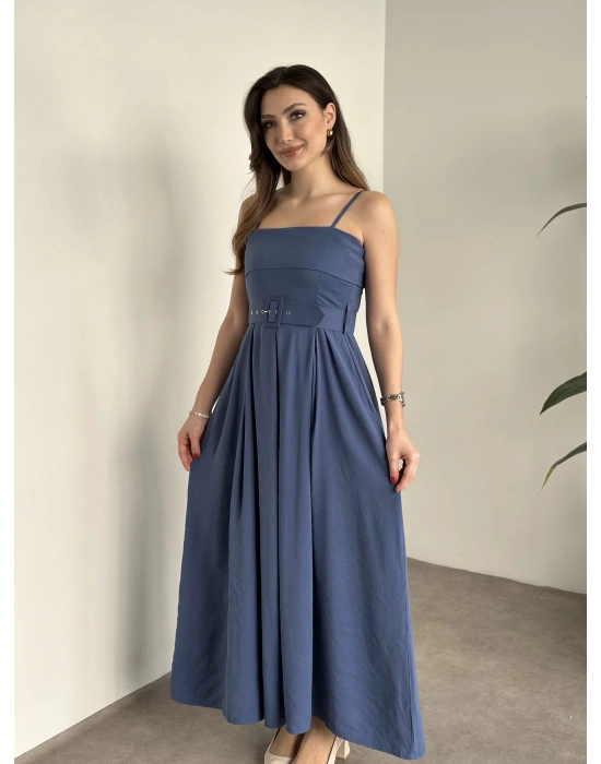 Mng marka etiketli belden kemerli uzun elbise indigo