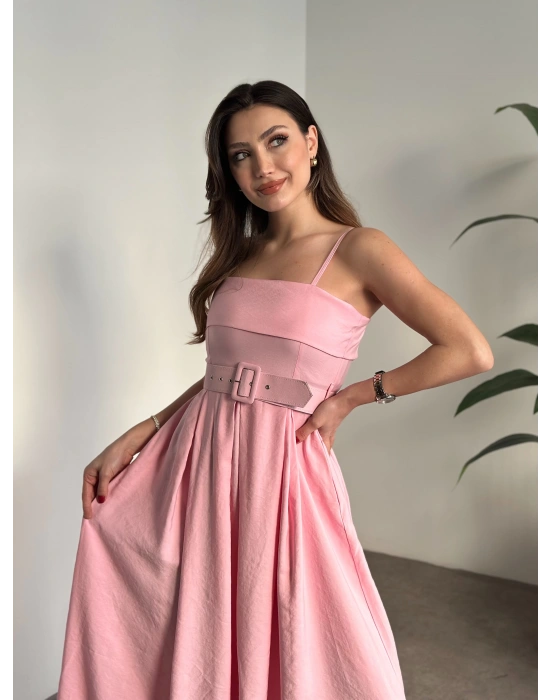 Mng marka etiketli belden kemerli uzun elbise pembe