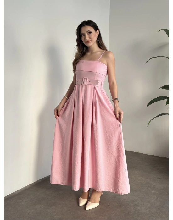 Mng marka etiketli belden kemerli uzun elbise pembe