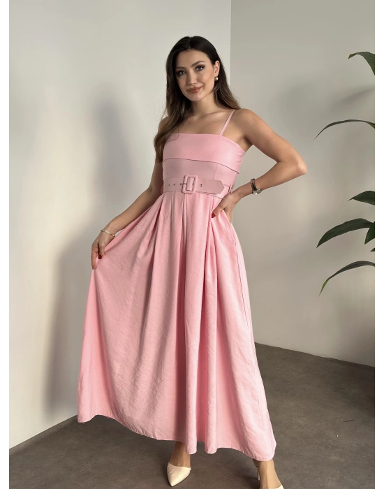 Mng marka etiketli belden kemerli uzun elbise pembe