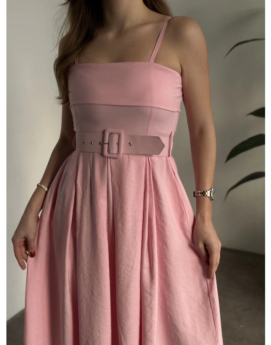 Mng marka etiketli belden kemerli uzun elbise pembe