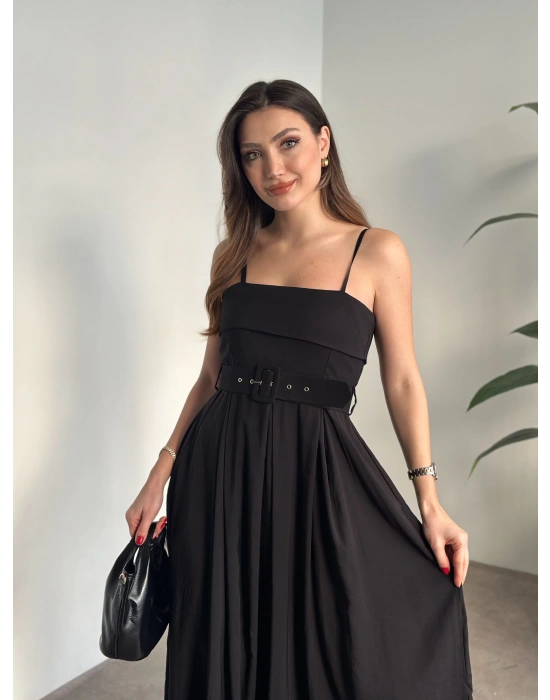 Mng marka etiketli belden kemerli uzun elbise siyah