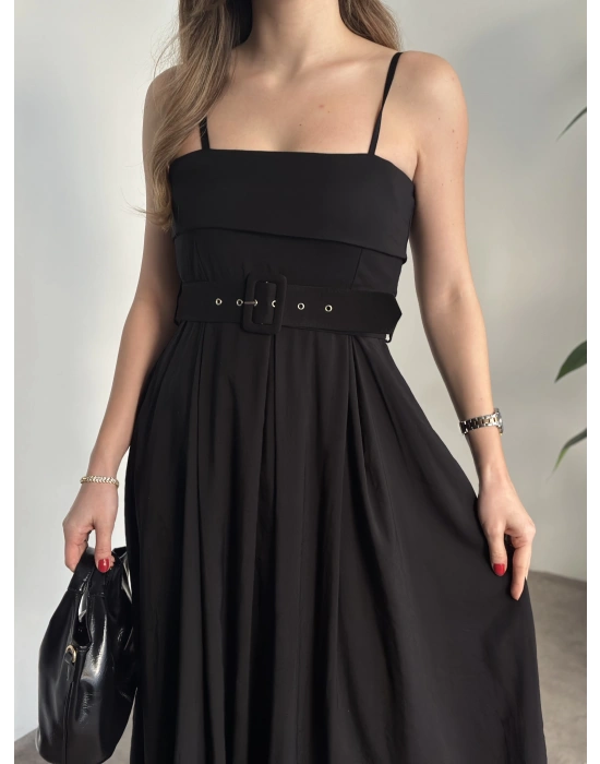 Mng marka etiketli belden kemerli uzun elbise siyah