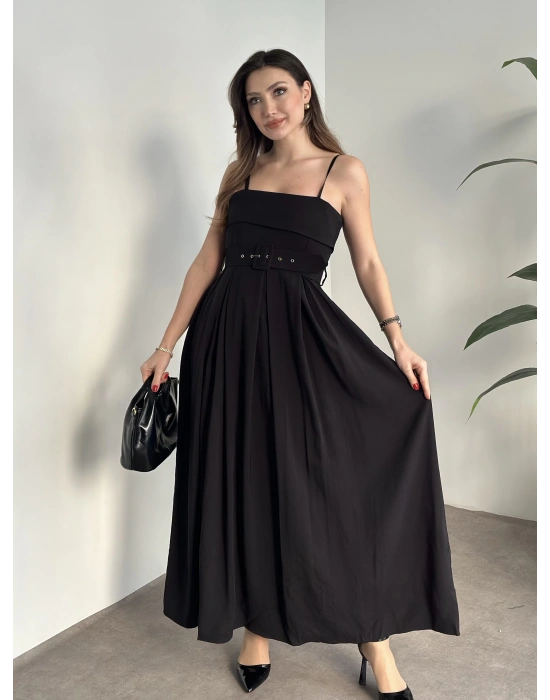 Mng marka etiketli belden kemerli uzun elbise siyah