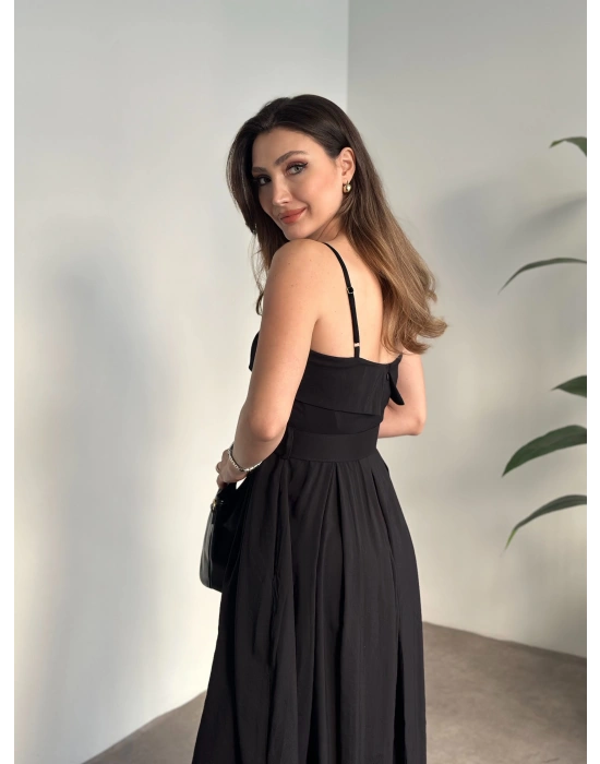 Mng marka etiketli belden kemerli uzun elbise siyah