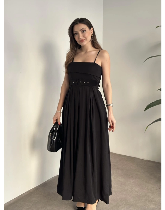 Mng marka etiketli belden kemerli uzun elbise siyah