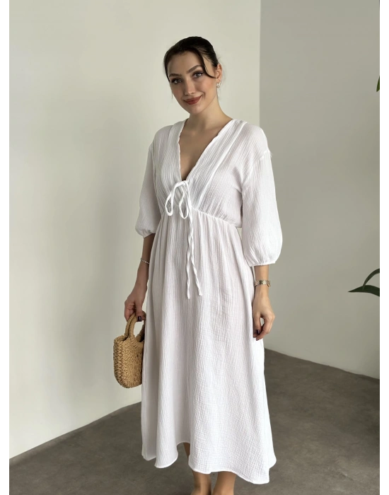 Müslim kumaş önden bağlamalı bol kesim elbise beyaz