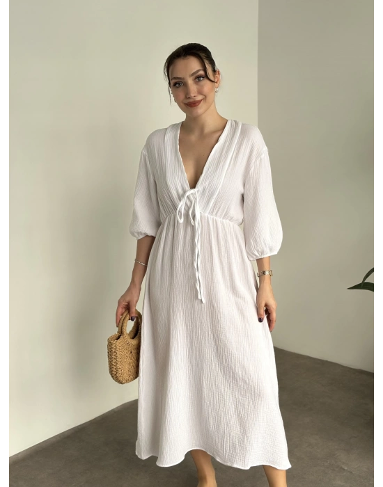 Müslim kumaş önden bağlamalı bol kesim elbise beyaz