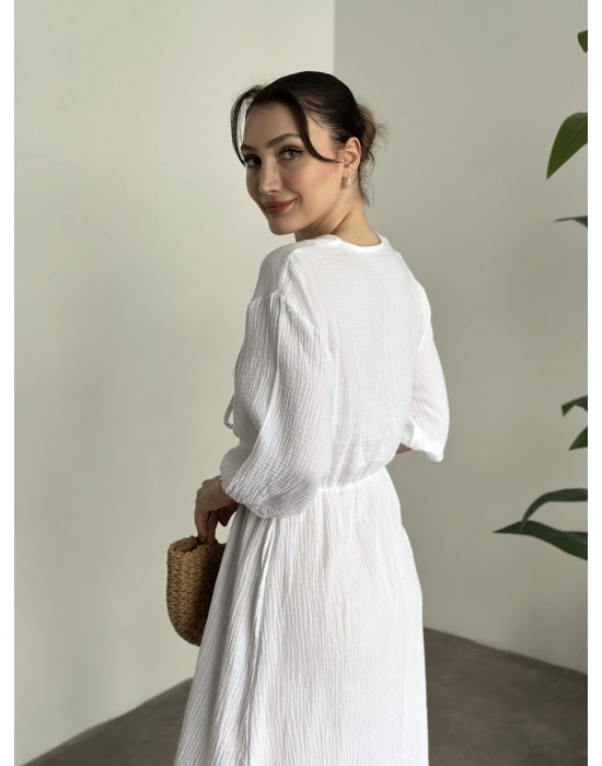 Müslim kumaş önden bağlamalı bol kesim elbise beyaz